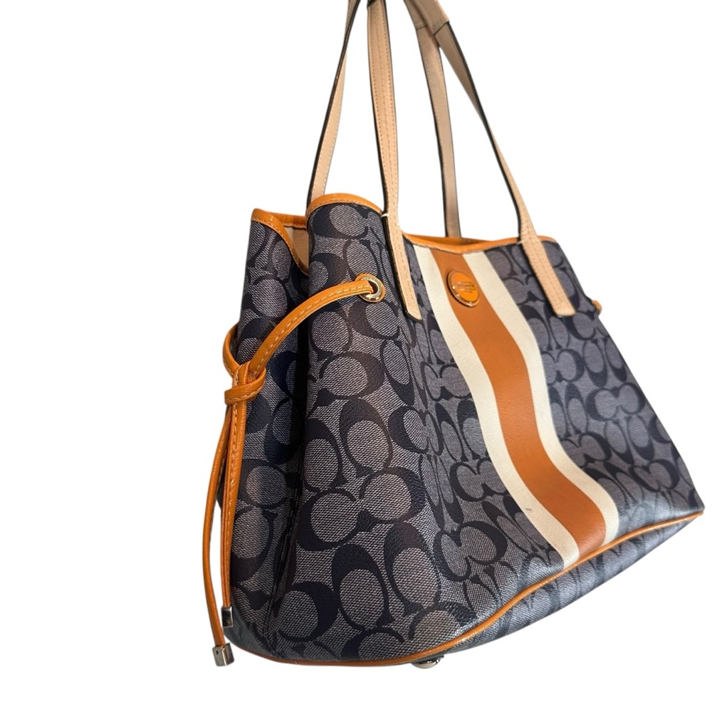 COACH Signature Coated Canvas Drawstring Carryall Bag Denim Blue & Orange Detail - Picture 8 of 14
